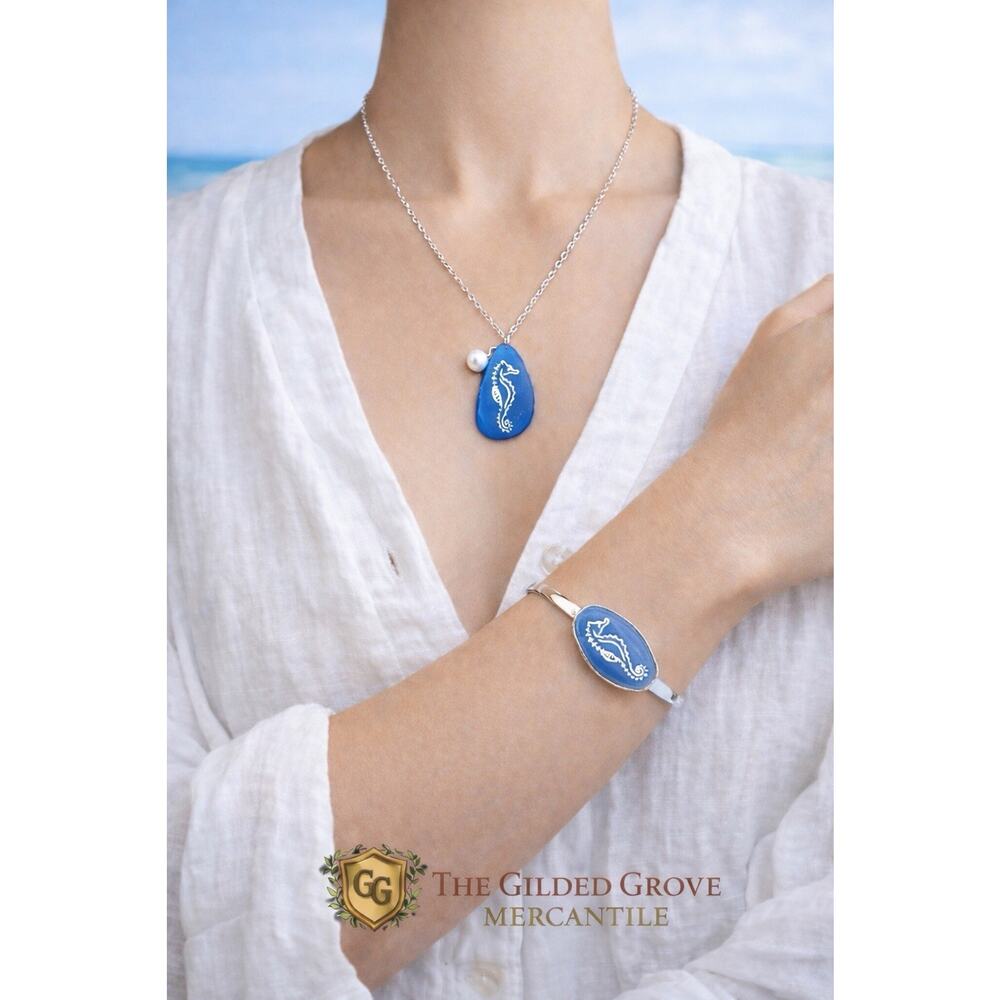 NEW Periwinkle Barlow Silver Seahorse Blue Sea Glass Necklace Stretch Bracelet